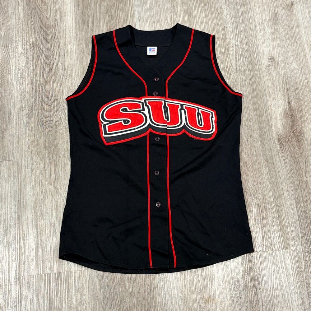 Vintage 80s Russell Athletic SUU Sleeveless Baseball Jersey Women's Size M Black